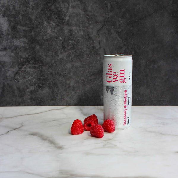 Glaswegin Raspberry & Rhubarb Gin in a tin premixed G&T